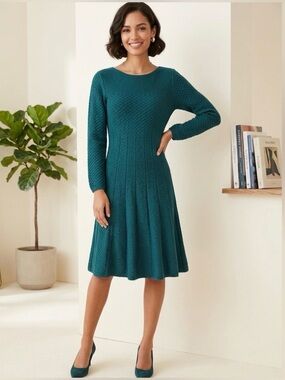 The Limited Elmerald Green Stretch Knit Textured Fit & Flare Wool Blend Dress